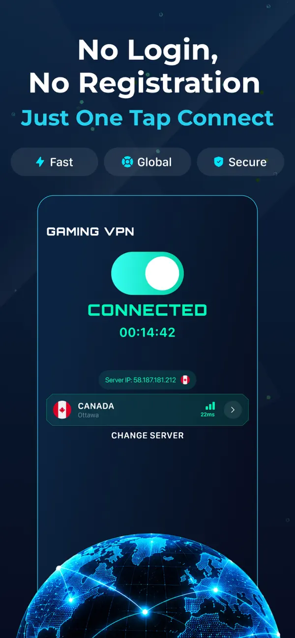 Gaming VPN connect screen: one tap connect, no login, no registration