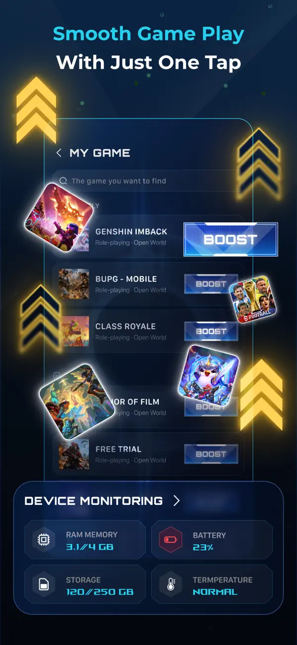Gaming VPN game booster screen with RAM and battery monitoring