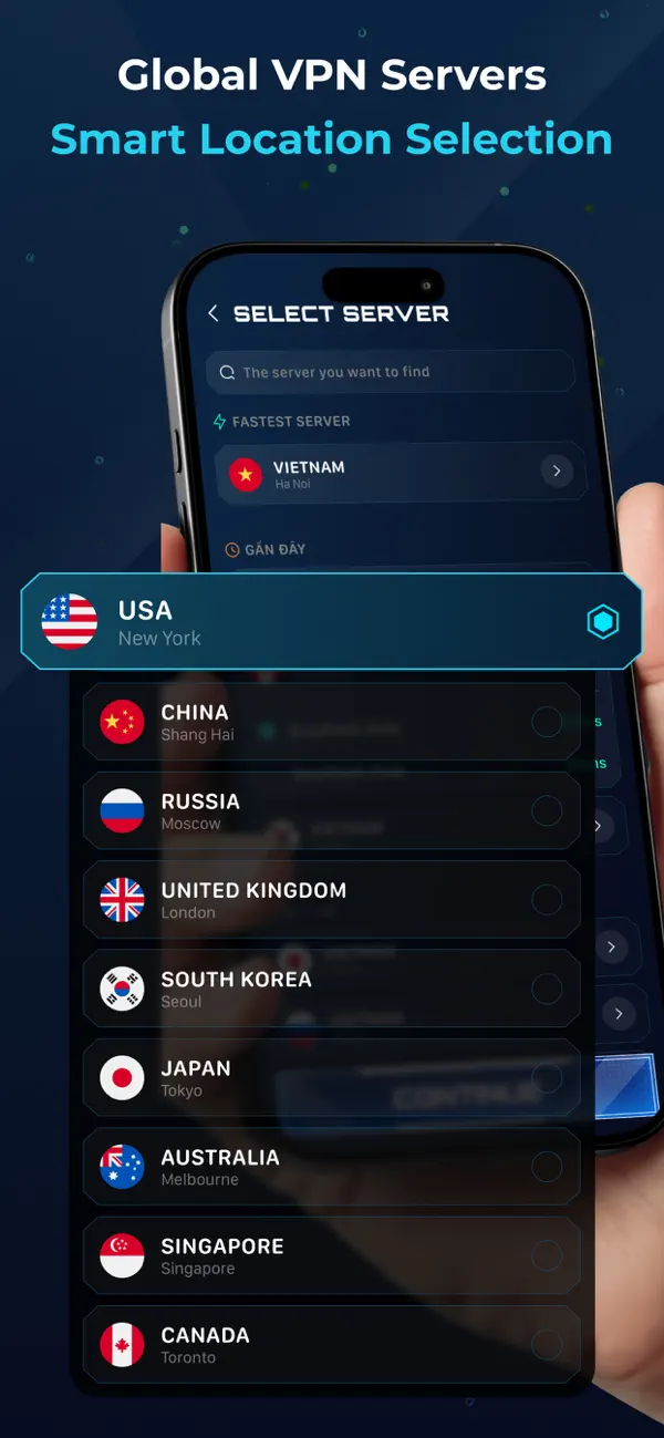 Gaming VPN server selection screen with a list of countries
