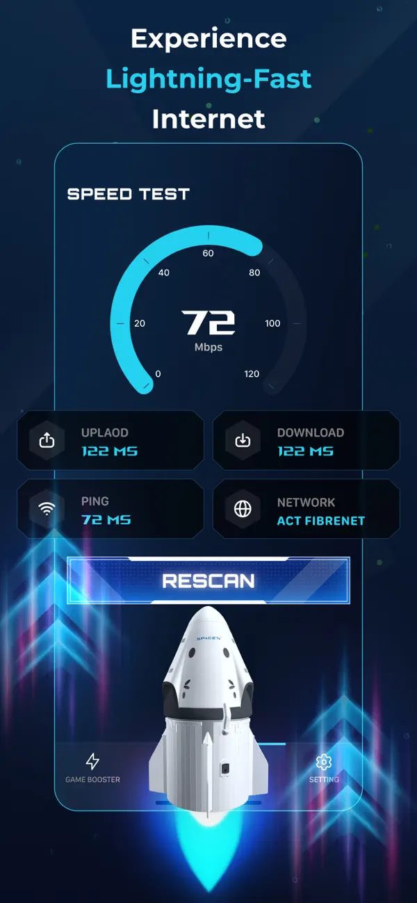 Gaming VPN speed test screen showing upload, download, and ping