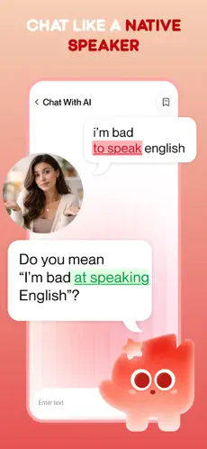 Voca chat screen: an AI tutor correcting an English sentence in real time