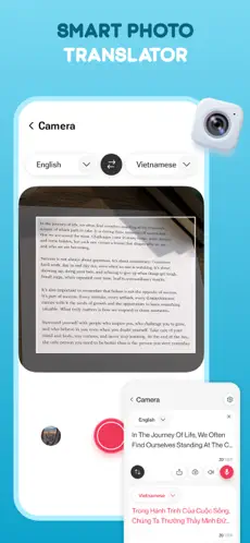 Smart photo translator screen: pointing a camera at printed text to translate it
