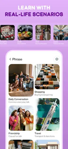 Real-life scenario phrase lists for shopping, travel, and daily conversation